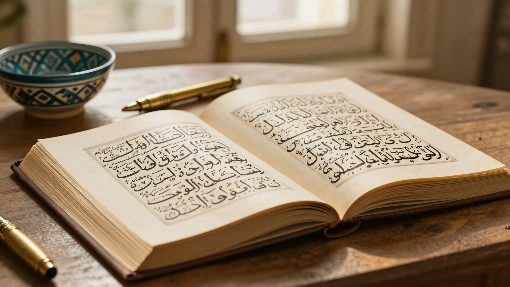 مخطوطة عربية مفتوحة بخطٍّ عربي أنيق وقلمٌ نحاسي، رمزٌ للغة العربية لغة الضاد وحضارتها